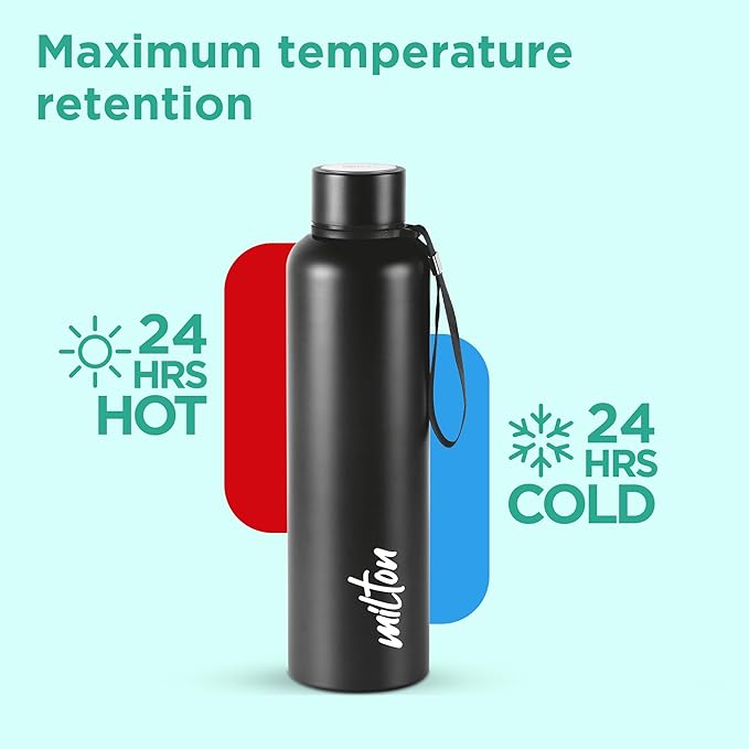 Milton Aura 1000 Thermosteel Water Bottle 1050 ml, 24 Hr Hot and Cold I Leak Proof Lid, ISI Certified I Vacuum Insulated I for Office, Gym, School I Black