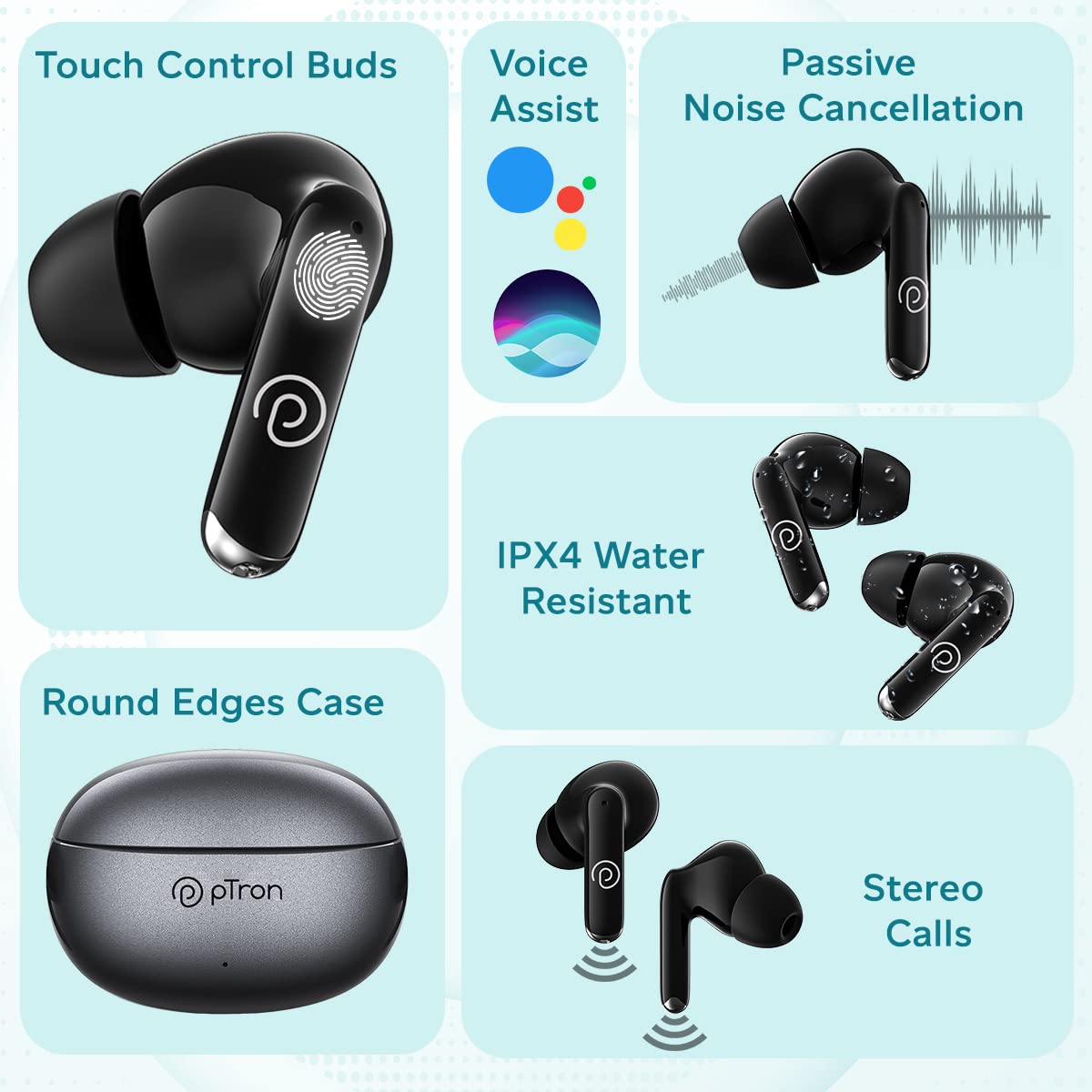 pTron Bassbuds Eon Truly Wireless in Ear Earbuds with Mic,ENC, 13mm Driver, Stereo Sound, BT 5.3 Headphone, Quick Pairing, Touch Control, Fast Charging & 30Hrs Playtime, IPX4 & Voice Asst (Grey/Black)