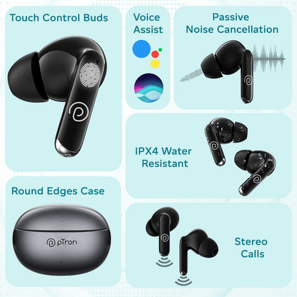 pTron Bassbuds Eon Truly Wireless in Ear Earbuds with Mic,ENC, 13mm Driver, Stereo Sound, BT 5.3 Headphone, Quick Pairing, Touch Control, Fast Charging & 30Hrs Playtime, IPX4 & Voice Asst (Grey/Black)