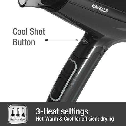 Havells 1600W Unisex Foldable Hair Dryer | 2 Heat Settings with Cool Shot (Hot/Warm) | Heat Balance Technology | Midnight Black | Your perfect Blow dry companion for Effortless Hair Styling | HD3191