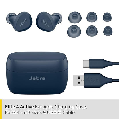 Jabra Elite 4 Active in Ear Bluetooth Earbuds Truly Wireless with mic, Secure Active Fit, Active Noise Cancellation and Adjustable HearThrough Technology - Navy