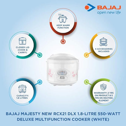 Bajaj Majesty New RCX21 DLX 550-Watt Deluxe Multifunction Cooker (White, 1.8 Liters, Plastic, Metal)