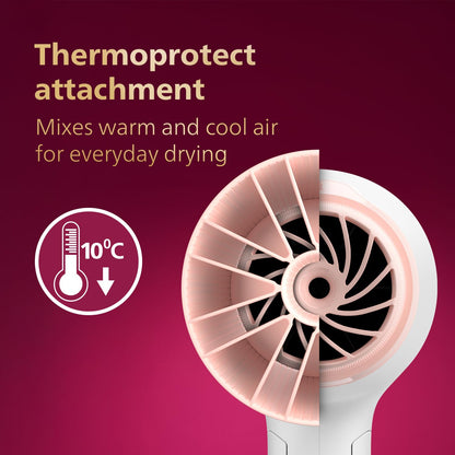 Philips Foldable Hair Dryer 1600 Watts| Powerful Salon-like Blow Drying with Less Heat | 3 Heat Settings with Cool Shot (Hot/Cool/Warm) | ThermoProtect Airflower Attachment- Pink | BHD308/30 - White | Perfect Blow Dry & Style for Men and Women