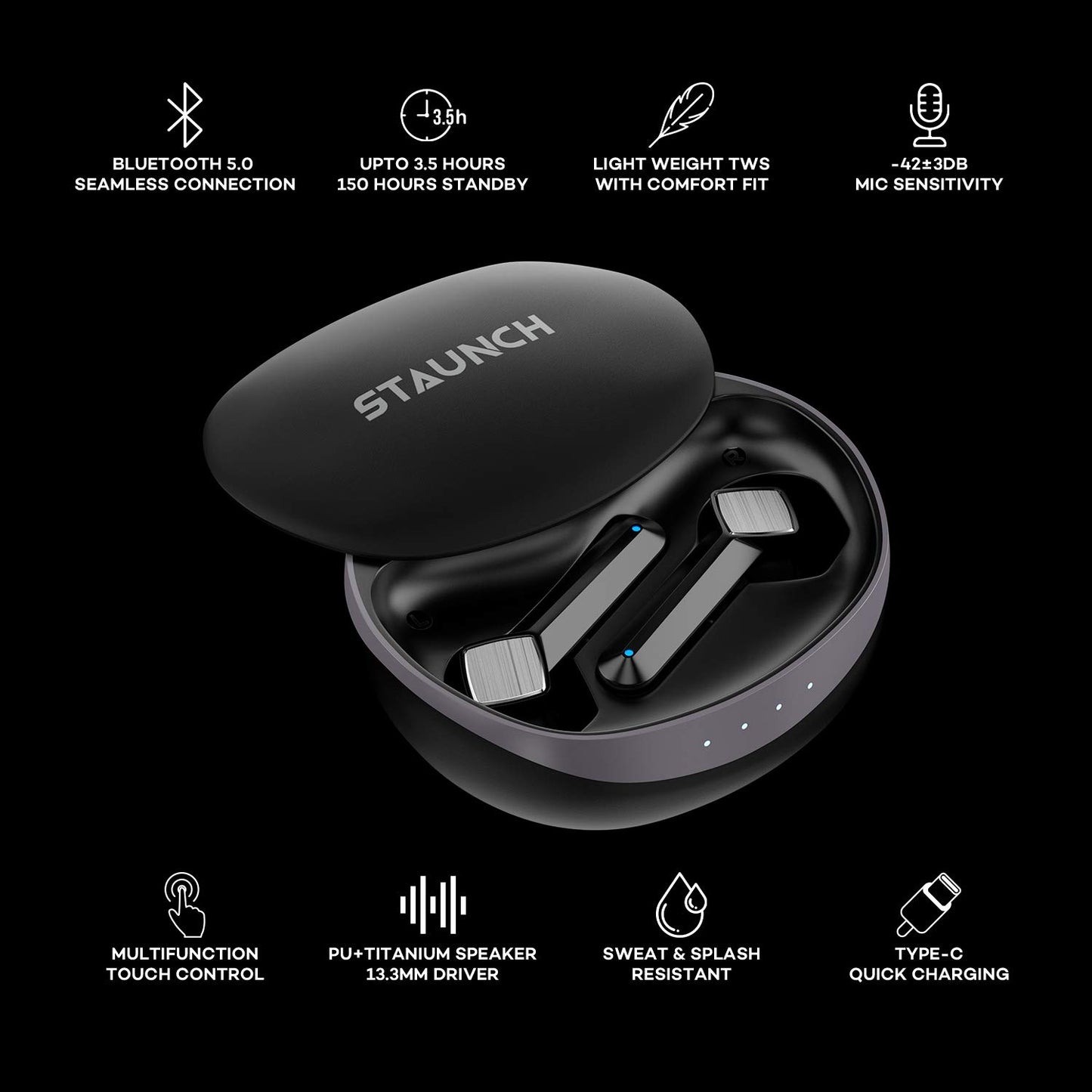 Staunch Boom 350 (TWS) Up to 17 Hours Playback With Case , Touch Control , Type-C Fast Charging, Sweat and Splash Resistance HD Sound ,Deep Bass , Multifunction Control , Voice Assistant (Black)