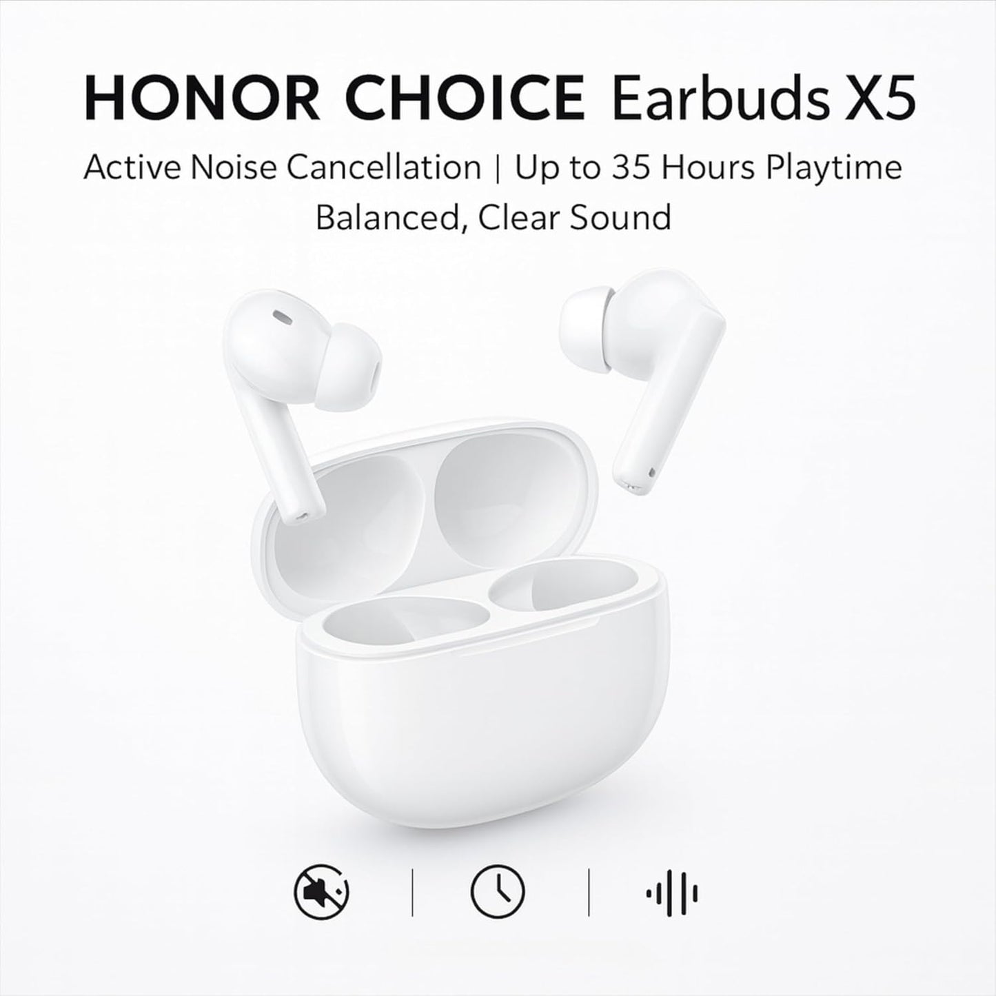Honor Choice Earbuds X5 (White, Active Noise Cancellation, 35 Hours Playback, Bluetooth 5.3, TWS in-Ear Earbuds)