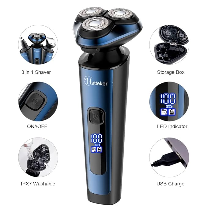 Hatteker Mens Electric Shavers Razor Beard Trimmer Rotary Facail Head Shaver for Men Sideburn Trimmer Nose Trimmer Wet Dry IPX7 Waterproof Rechargeable Cordless 3 in 1