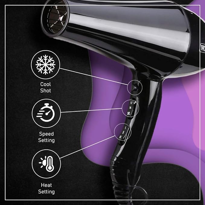 WAHL 5439-024 Super Dry Professional 2000 Watts Ionic Hair Dryer with Tourmaline Technology; 3 Heat Settings & 2 Speed Settings & Cool Shot Button; Black