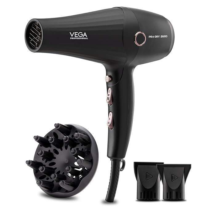 VEGA PROFESSIONAL Pro Dry 2600W Hair Dryer for Women & Men, Professional Blow Dryer with Combination of 4 Heat & 2 Speed Settings, Cool Shot Button & 16 Amp Plug, Salon Hair Styling at Home (VPPHD-11)