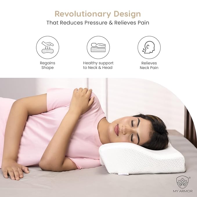 MY ARMOR Cervical Pillow for Neck Pain and Shoulder Pain for Sleeping | 2 Years Warranty | Memory Foam Pillow with Dual - Pack of 1 - White