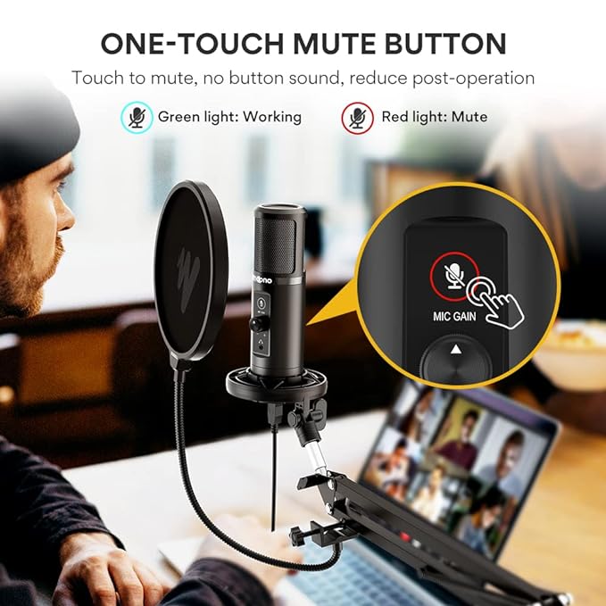 Roll over image to zoom in Maono AU-PM422 Podcast Microphone with Zero Latency Monitoring, 192KHZ/24BIT Professional Cardioid Condenser Mic with Touch Mute Button and Mic Gain Knob for Recording, Podcasting, Gaming, YouTube