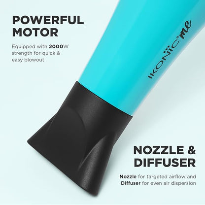 Ikonic Ultralight Professional Hair Dryer 2000 Watts with Nozzle, Diffuser, Hot and Cold Air Feauture, 2 Speed 3 Heat Settings with Cool Shot,Hanging Loop,For both Men and Women, Sutiable for all Hair Types, Teal