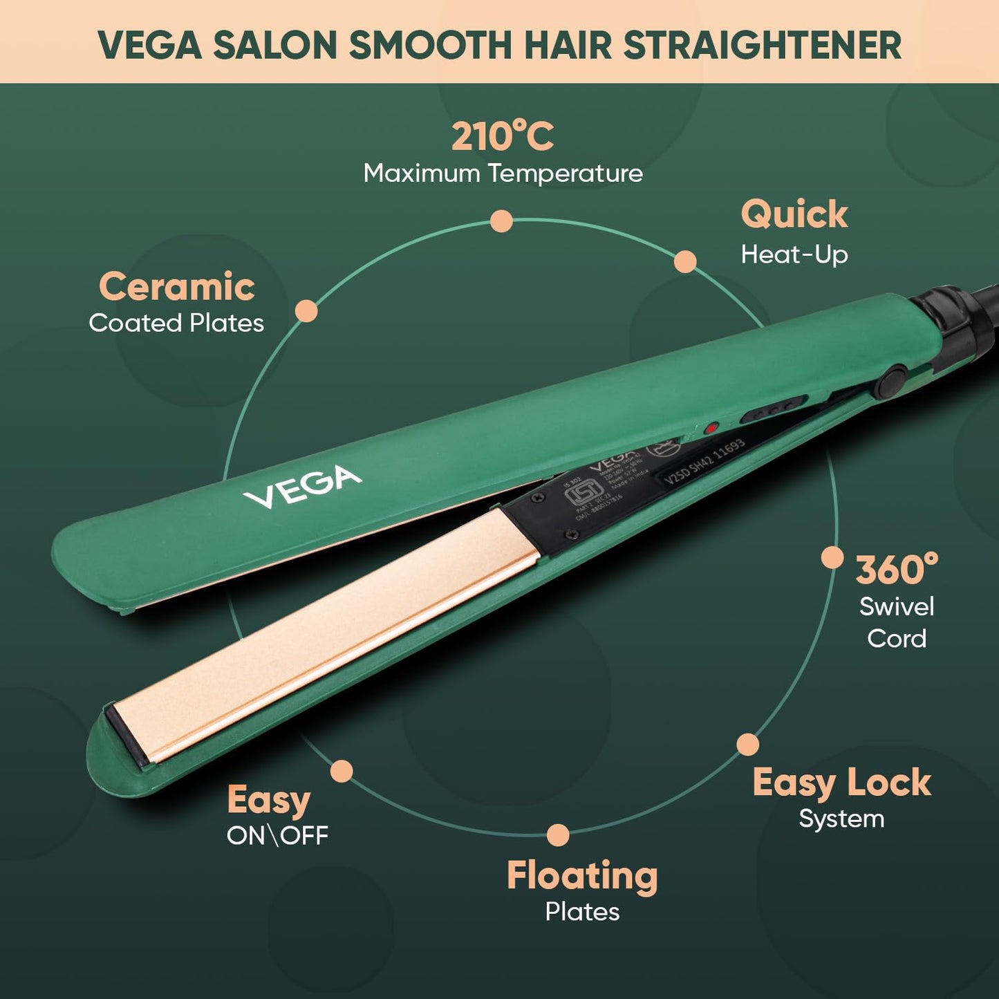 Vega Salon Smooth Hair Straightener for Women with Ceramic Coated Plates, Quick Heatup & Travel Friendly, Travel Lock, Suitable for All Hair Types, 1 Year Warranty, Green (VHSH-42)