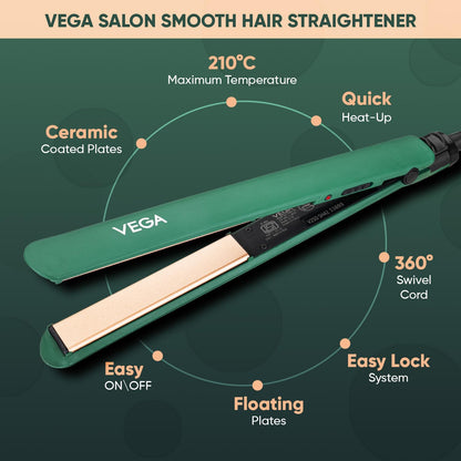 Vega Salon Smooth Hair Straightener for Women with Ceramic Coated Plates, Quick Heatup & Travel Friendly, Travel Lock, Suitable for All Hair Types, 1 Year Warranty, Green (VHSH-42)