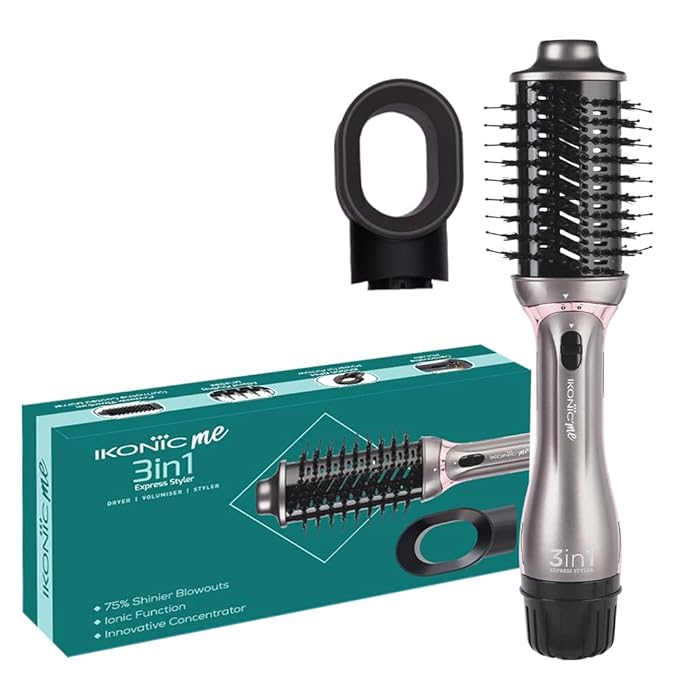 Ikonic Me 3-In-1 Express Styler Hot Air Brush For Women, 1200W Hair Dryer Brush With 1.5-Inch Ceramic Titanium Tourmaline Barrel, Blow Dryer, Hair Straightener, Volumizer Brush, Fast Drying, Frizz-Free Styling, Grey
