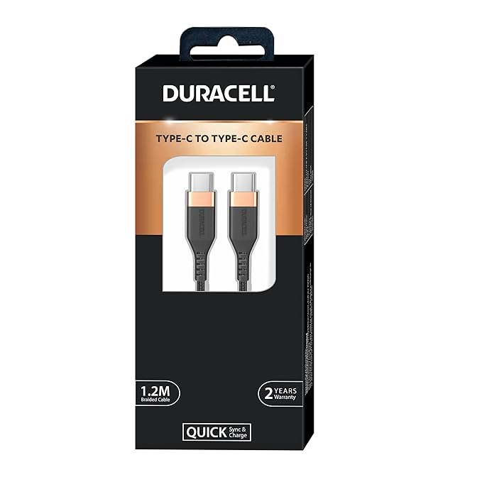 Duracell Usb Type C To Type C 5A(100W) Braided Sync& Charging Cable,Compatible With Mobile,Laptop,Tablets&Macbook,3.9 Feet(1.2M) Supports Pd&Qc 3.0 Charging,5 Gbps Data Transmission,Black