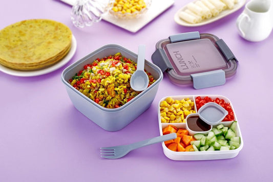 Clazkit Plastic Salad Lunch Box Container with Cutlery and Sauce Container with 5 Compartment Bento Style Tray Leak Proof Lunch Box for Food Snack Salad Home Office 1400Ml-Piegon, Multicolor