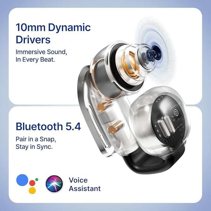 pTron Bassbuds Vortex Clips Wireless Open Ear Earbuds w/Chrome Finish, SafeBeats Tech, 50Hrs Playtime, Dual HD Mic w/AI-ENC, 10mm Driver, Pristine Sound, BTv5.4 Earclips, IPX5,Type C Charging(Black)