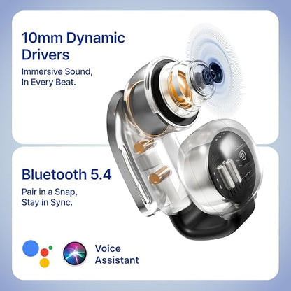 pTron Bassbuds Vortex Clips Wireless Open Ear Earbuds w/Chrome Finish, SafeBeats Tech, 50Hrs Playtime, Dual HD Mic w/AI-ENC, 10mm Driver, Pristine Sound, BTv5.4 Earclips, IPX5,Type C Charging(Black)