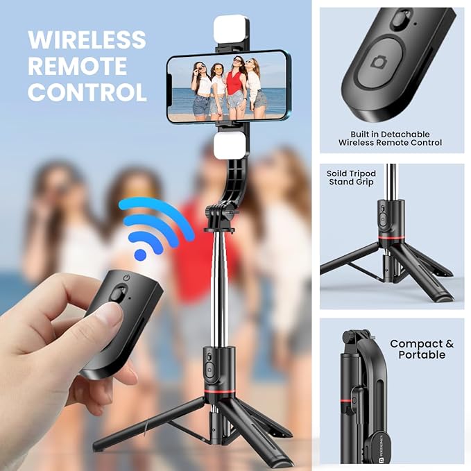 Portronics Lumistick Smart Selfie Stick with 360 Degree Rotation, Bluetooth v5.3, 1160mm Extension Rod, 3 Light Modes for iPhone/Mi/OnePlus/Samsung/Oppo/Vivo and All Phones(Black)