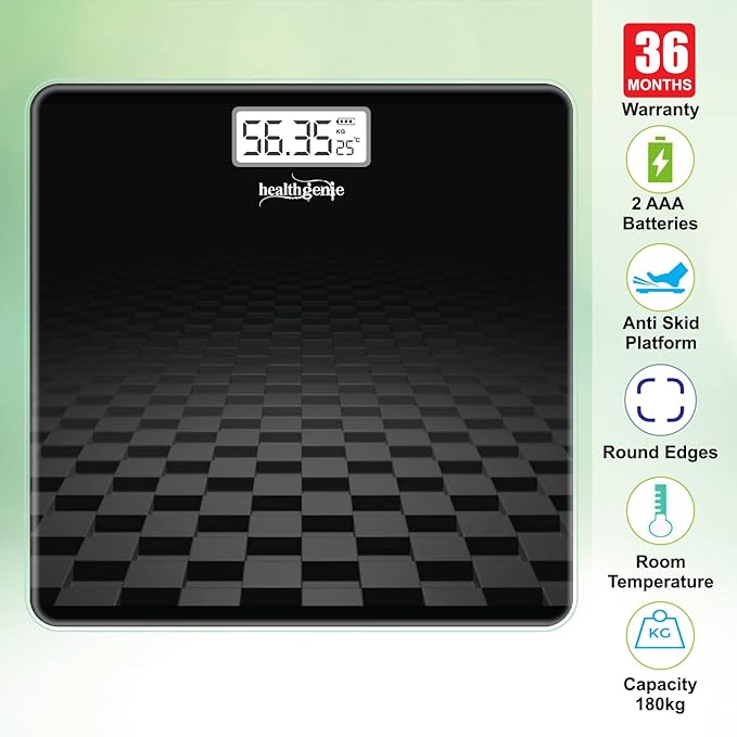 Healthgenie Weight Machine for Body Weight Thick & Tempered Glass, LCD Display With 3 Years Warranty (Black Checkered)