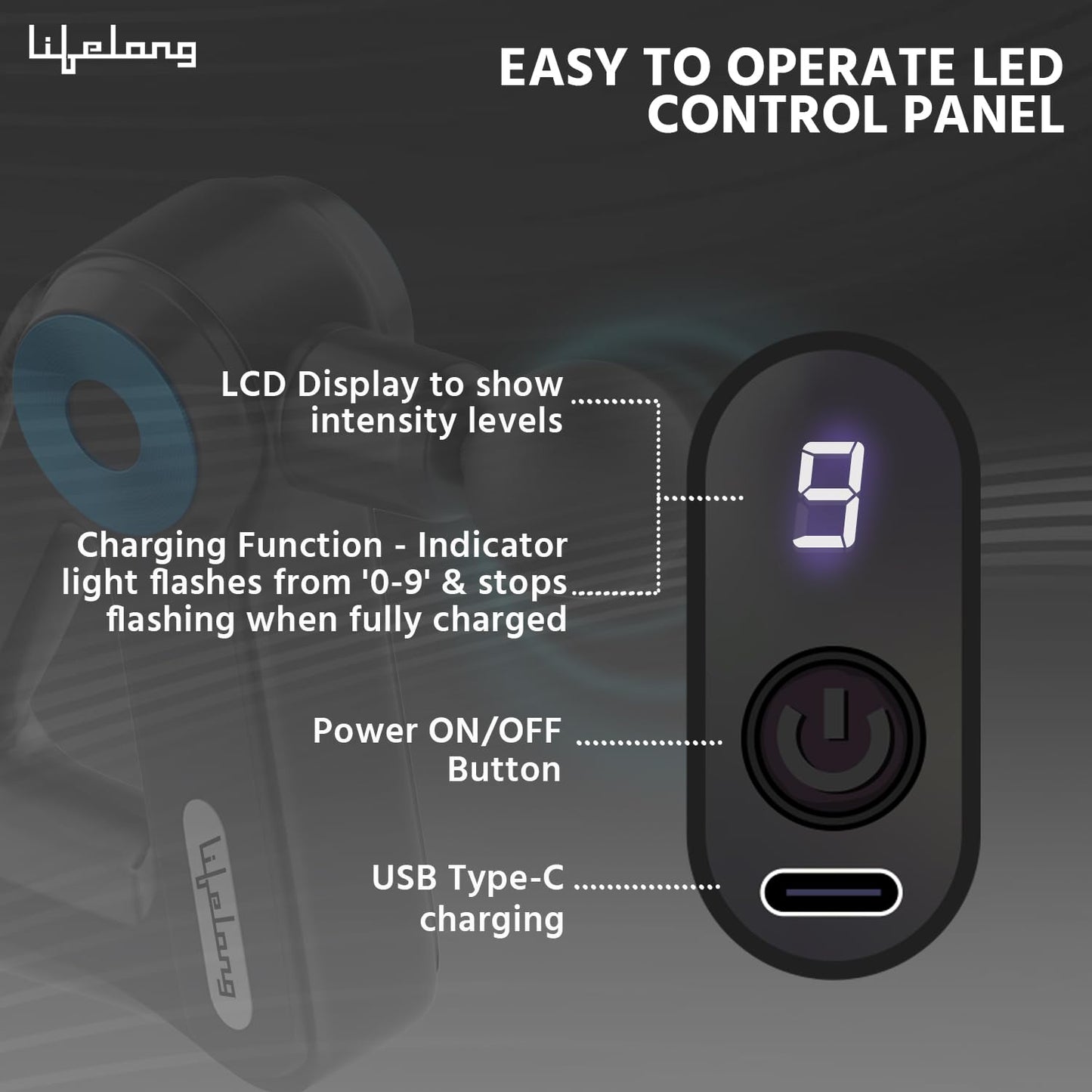 Lifelong LLGM180 Gun Massager for Pain Relief with 9 Massage Heads Massage Gun Machine for Full Body - Gun Massager Rechargeable with 9 Speed Levels & Easy-Grip Handle for Muscle Massage of Back, Neck, Shoulder, Hand, Foot & Leg