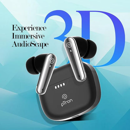 pTron Newly Launched Bassbuds Prism TWS Earbuds with 3D AudioScape, 45Hrs Playtime, TruTalk AI-ENC Calls, 50ms Low Latency Sync, BT5.3, Type-C Fast Charging, Voice Asst. & IPX5 Water Resistant (Black)