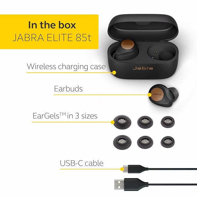 Jabra Elite 85t True Wireless Bluetooth In Ear Earbuds, Copper Black Advanced Noise-Cancelling Earbuds with Charging Case for Calls & Music Wireless Earbuds with Superior Sound & Premium Comfort