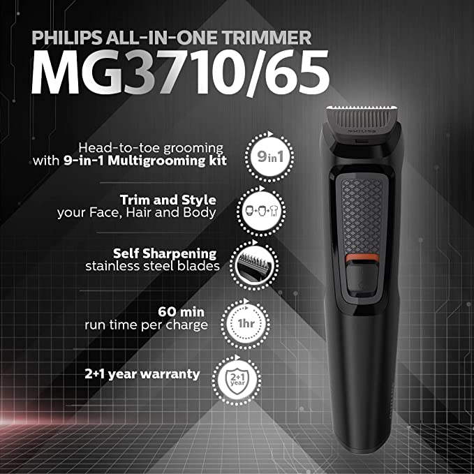 Philips Multi Grooming Kit MG3710/65, 9-in-1 (New Model), Face, Head and Body - All-in-one Trimmer for Men Self Sharpening Stainless Steel Blades, No Oil Needed, 60 Mins Run Time