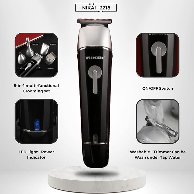 NIKAI NK-2218 5-in-1, Face, Hair and Body - Multi Grooming Kit, Hair Trimmer, Beard Trimmer, Ear & Nose Trimmer Head Shaver, Sideburn trimmer Full Body Grooming Kit, with Adaptor Charging Pod & Stand