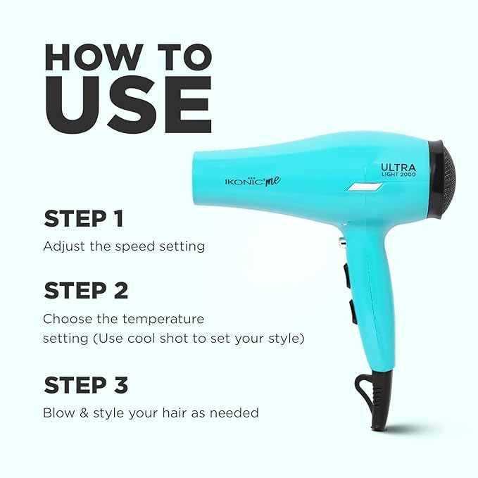 Ikonic Ultralight Professional Hair Dryer 2000 Watts with Nozzle, Diffuser, Hot and Cold Air Feauture, 2 Speed 3 Heat Settings with Cool Shot,Hanging Loop,For both Men and Women, Sutiable for all Hair Types, Teal