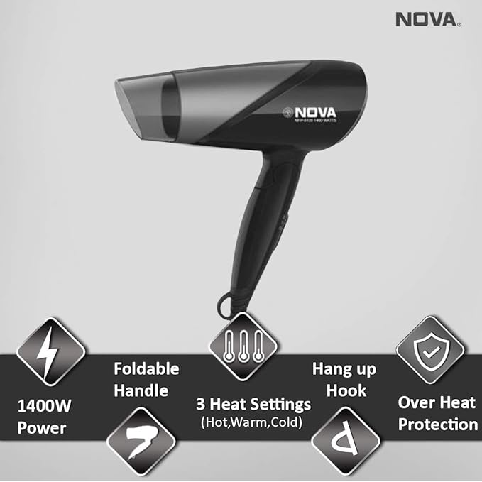 Nova NHP 8109 Silky Shine 1400 Watts Hot & Cold Foldable Hair Dryer (Black)