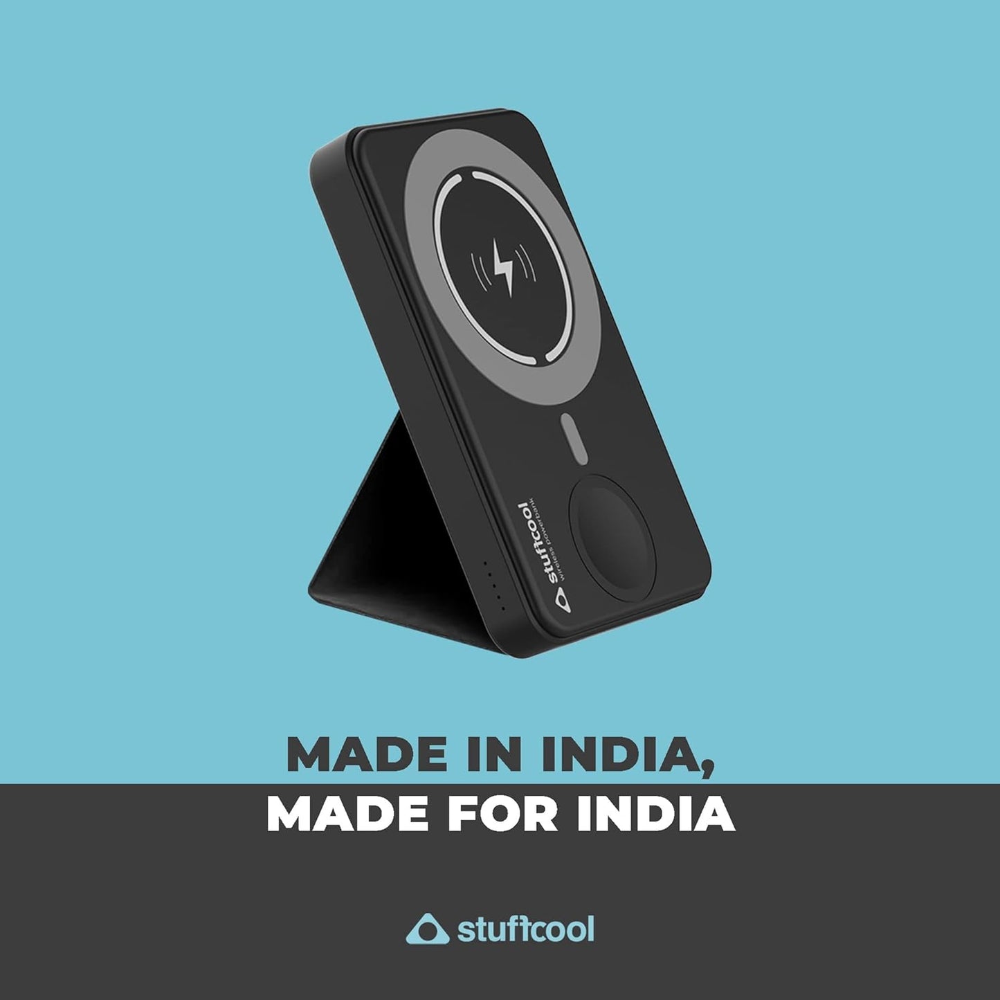 Stuffcool PB9063W 5000mAh Magnetic Powerbank Compatible with Apple Watch Charging and Leather Kick Stand - Black