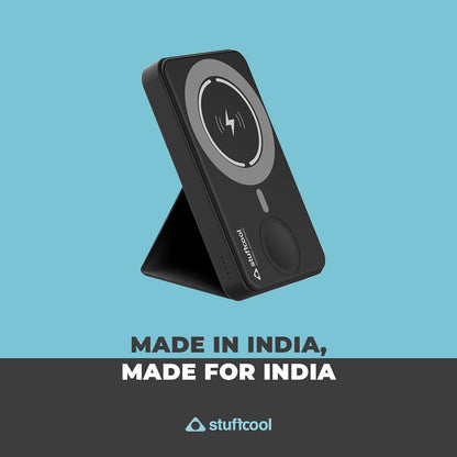 Stuffcool PB9063W 5000mAh Magnetic Powerbank Compatible with Apple Watch Charging and Leather Kick Stand - Black