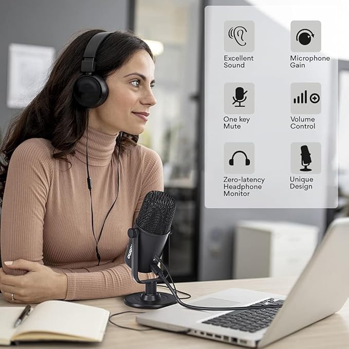 MAONO AU-902 USB Condenser Podcast Unidirectional Microphone, with Dual Volume Control, Mute Button, Monitor Headphone Jack, Plug and Play Mic for Vlogging, Gaming, Studio Recording, YouTube (Black)