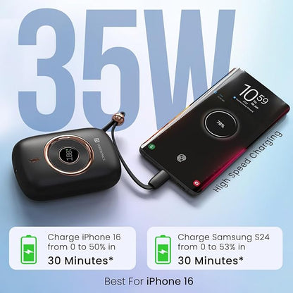 Portronics Power Shutter Pro 35W 10000mAh SuperFast Charging Wired Powerbank with in-Built Type C PD Cable, Type C Input/Output Cable,LED Display,EV Grade Batteries,Support with Android, Apple,Tablet
