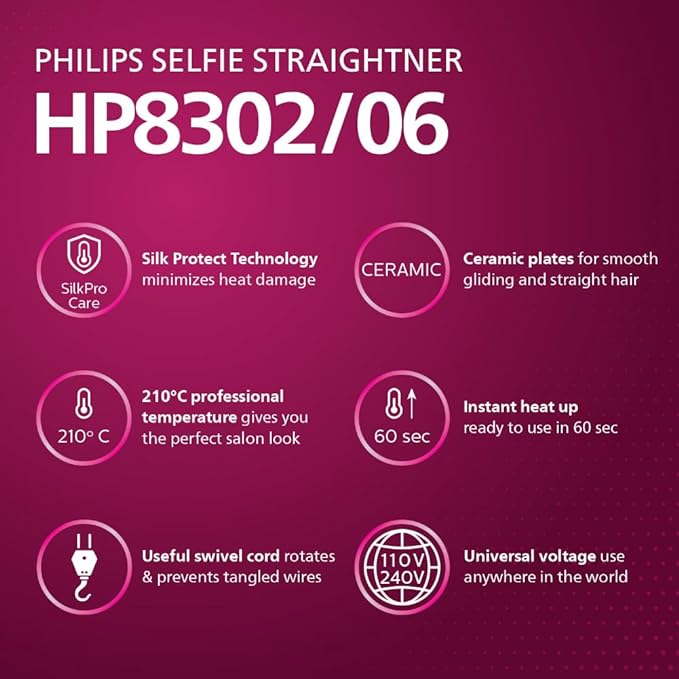 Philips Selfie Hair Straightener I Minimized Heat Damage with SilkPro Care I Ceramic Coated Plates I No.1 Preferred Hair Styling Appliance Brand I HP8302/06