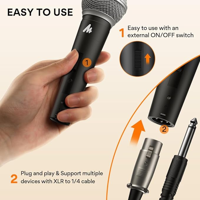 Maono Dynamic Microphone Wired for Singing, Cordless Karaoke Mic with 9.8FT/3M XLR Cable, with On/Off Switch (AU-WDM01)