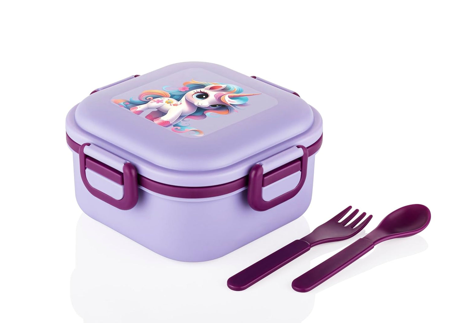 ATTRO Quick Bite Unicorn Magic Lunch Box Box with 3 Compartment Fork & Spoon BPA Free Food Grade Ideal for Kids School, Picnic & Outdoor- 800ml Lavender, Plastic