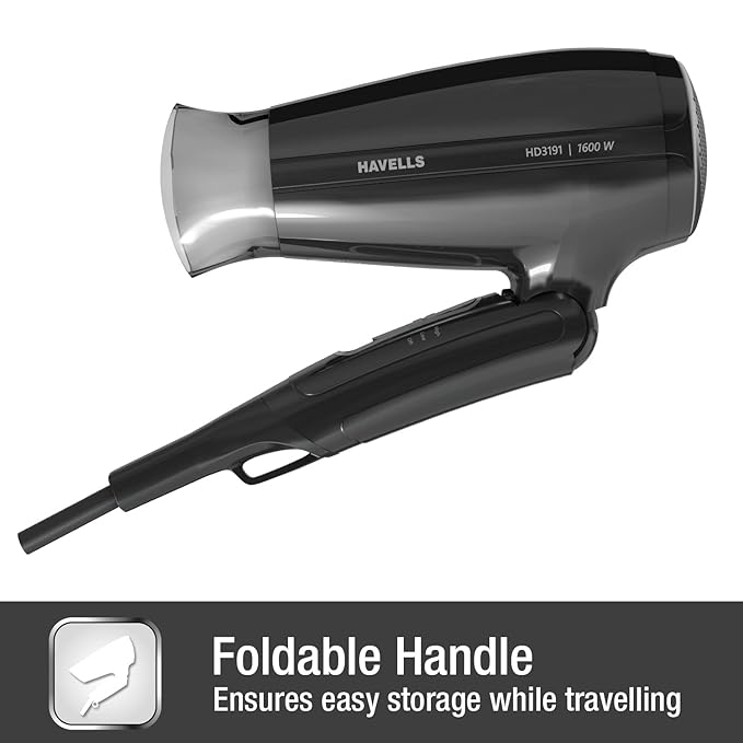 Havells 1600W Unisex Foldable Hair Dryer | 2 Heat Settings with Cool Shot (Hot/Warm) | Heat Balance Technology | Midnight Black | Your perfect Blow dry companion for Effortless Hair Styling | HD3191