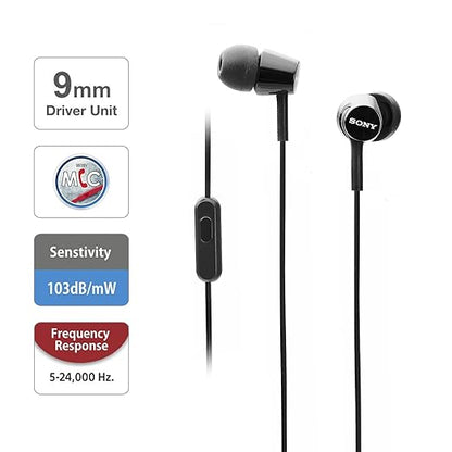 Sony MDR-EX155AP Wired in Ear Headphones with Tangle Free Cable, 3.5mm Jack, Headset with Mic for Phone Calls and 1 Year Warranty - (Black)