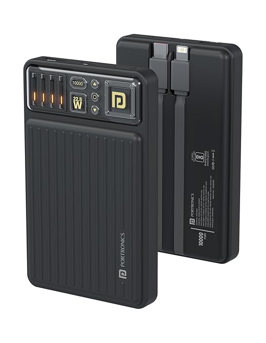 Portronics Luxcell Bind Mini 10k 10000mAh Nano Powerbank with 22.5W Fast Charging, in-Built Type C PD(Input & Output) /8 Pin Cable, LED Indicator, USB-A Mach Output, Compatible with Smartphones