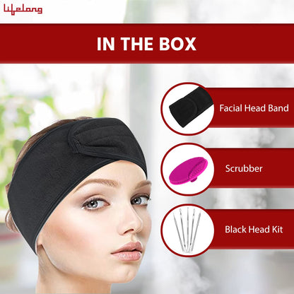 Lifelong Hydrating Facial Steamer|Moisturising Face Steamer for Cough, Cold, Facial, Skin Care Home Facial Spa Steamer With Bonus Blackhead Removal Kit, Face Cleaning Brush & Head Band (LLS108, 1 Year Warranty, Black)