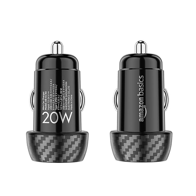 Amazon Basics Mini Car Charger with Dual Output, Fast Charging (Type C 20W + Type A 3.0A) Compatible with All Smartphones(Black)