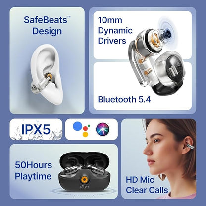 pTron Bassbuds Vortex Clips Wireless Open Ear Earbuds w/Chrome Finish, SafeBeats Tech, 50Hrs Playtime, Dual HD Mic w/AI-ENC, 10mm Driver, Pristine Sound, BTv5.4 Earclips, IPX5,Type C Charging(Black)