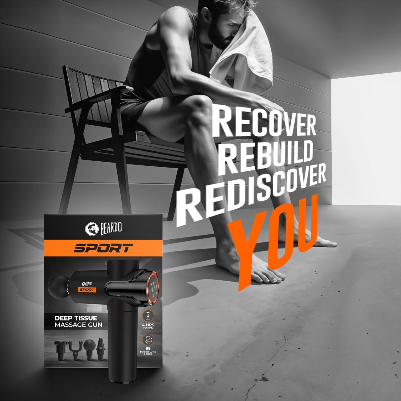 Beardo Deep Tissue Massage Gun | Sports Massager | Full Body Massager Machine for Pain Relief | 99 Performance Modes | Massage Machine for Body Pain | Faster Muscle Recovery with Multiple Attachments