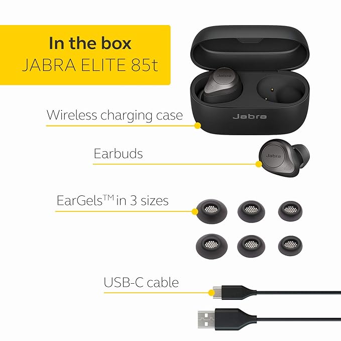 Jabra Elite 85t Bluetooth Truly Wireless in Ear Earbuds with mic, Advanced Active Noise Cancellation with Long Battery Life and Powerful Speakers Wireless Charging Case (Titanium Black)