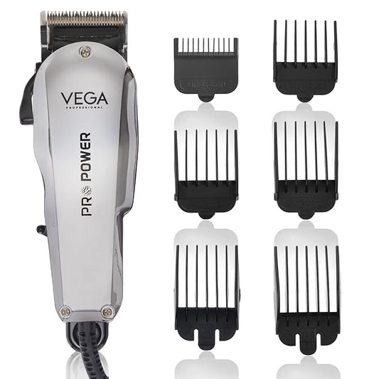 VEGA PROFESSIONAL Pro Power Hair Clipper Professional Hair Clipper for Salon and Home Use with Japanese Stainless-Steel Taper Blades, 6000 RPM, Attachment Guide Combs (VPMHC-02)