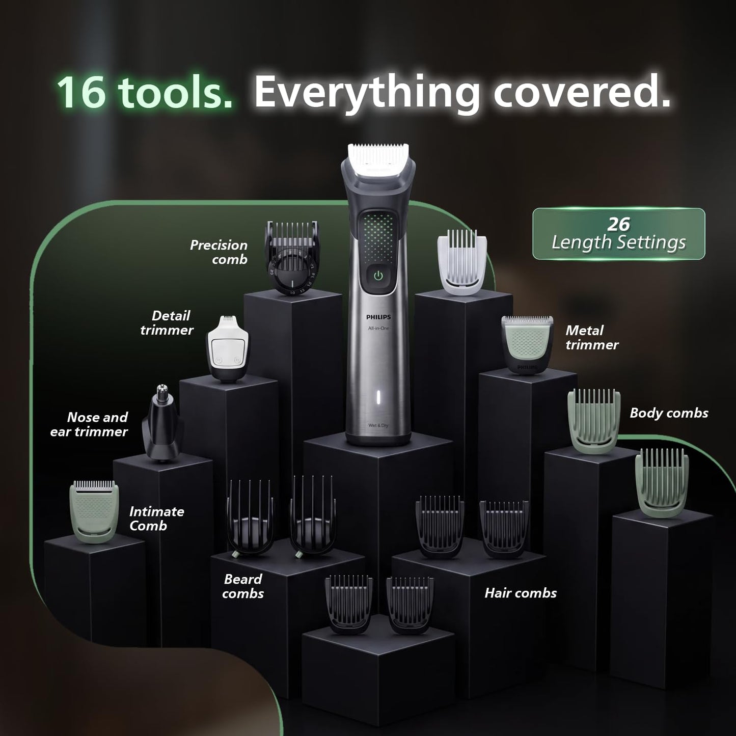 Philips India's No.1 Men's Trimmer* | Luxurious Stainless Steel Design | BeardSense Technology | All-in-One Grooming Kit- Beard, Hair, Body, Intimate | 120min runtime | IPX7 | 5yr warranty* | MG9532/15