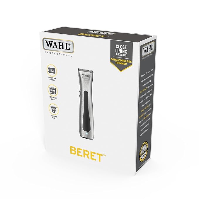 Wahl 08841-724 Cord/Cordless Professional Beret Lithium Ion Trimmer, 0.4 cuttinng length, 4 Guide Combs (2.5 mm-11 mm), 6000 Rpm, 75 min run time, Great for Barbers and Stylists, Silver