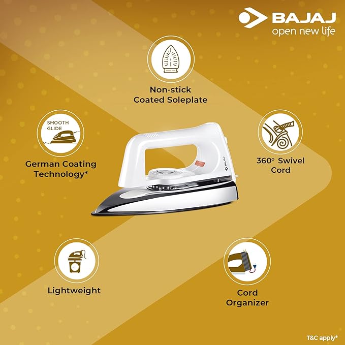 Bajaj Plastic Popular Plus 750W Dry Iron with Advance Soleplate and Anti-Bacterial German Coating Technology, White, 750 Watts